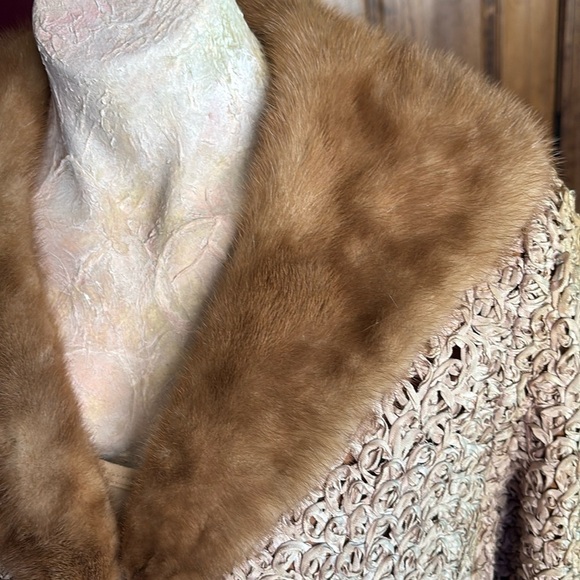 Vintage 40s 50s Pam Stewart ribbon knit crop coat chocolate brown mink collar - Picture 7 of 17